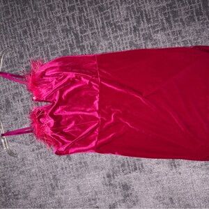 SHEIN Hot Pink Velvet Mini Dress with Feather Trim